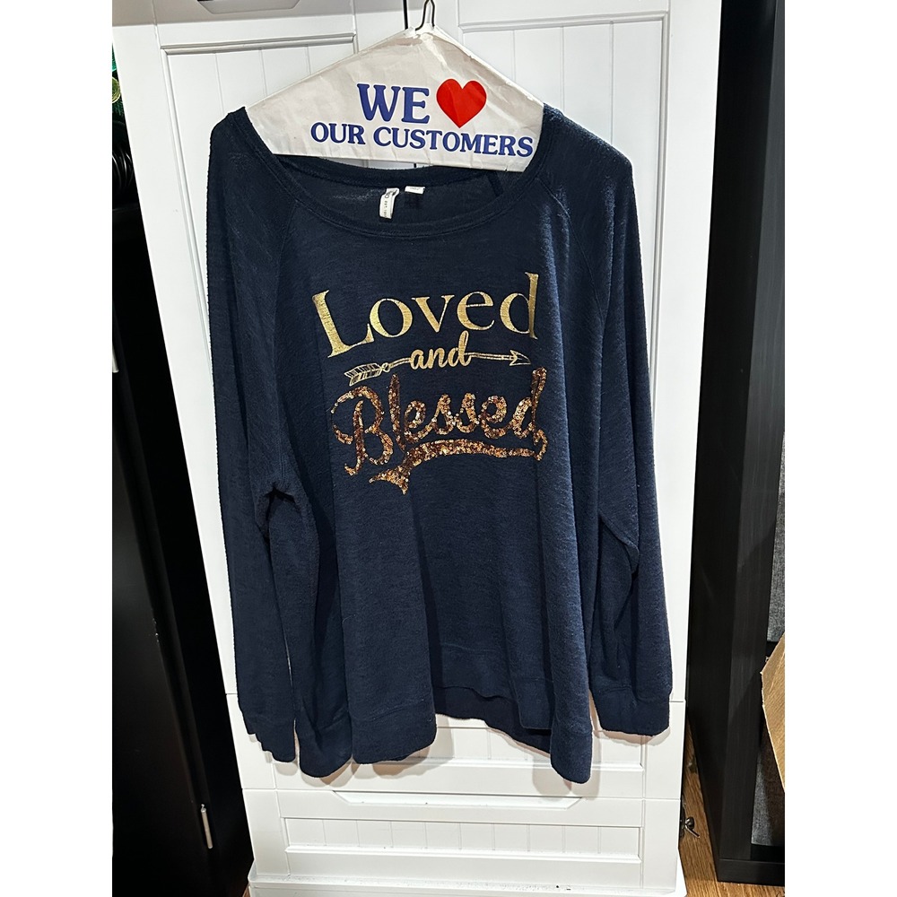 Cato Loved and Blessed Navy Blue Graphic Sweatshirt Women Plus Size 18/20W Gold